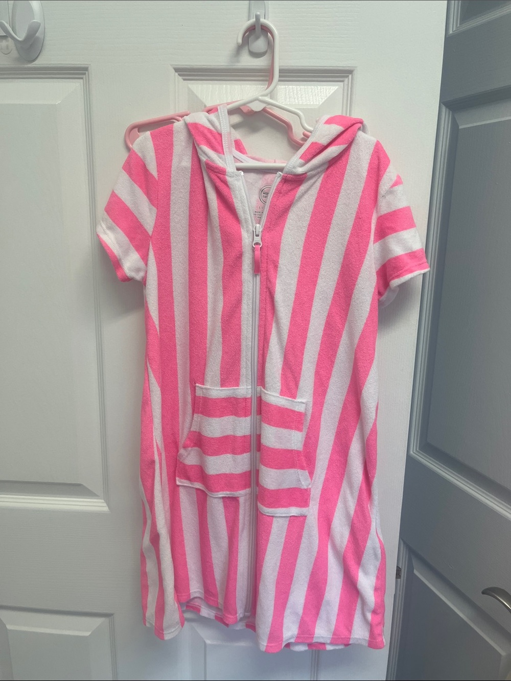 wonder nation Hooded Pink & White Striped Short-Sleeve Swim Cover-Up
